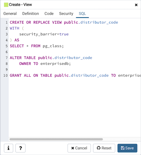 View dialog sql tab